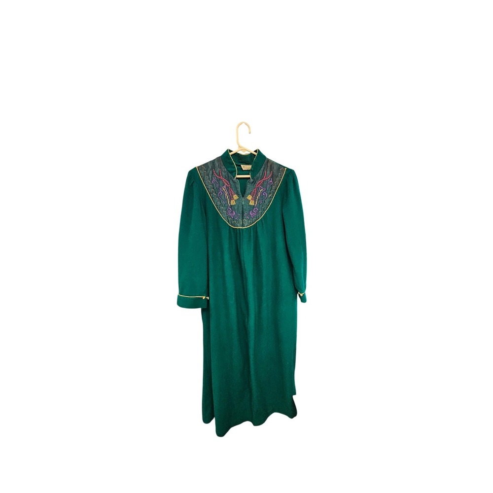 Vintage Petite Emerald Green Fleece Robe Embroidered Bib Tassel Large 49966